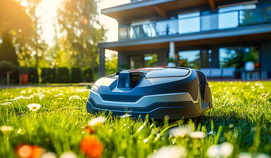 Een Husqvarna robotmaaier rijdt over het gras vol madeliefjes voor een modern huis in de ochtendzon.