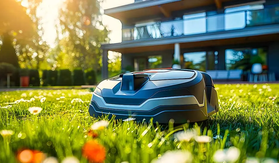 Een Husqvarna robotmaaier rijdt over het gras vol madeliefjes voor een modern huis in de ochtendzon.