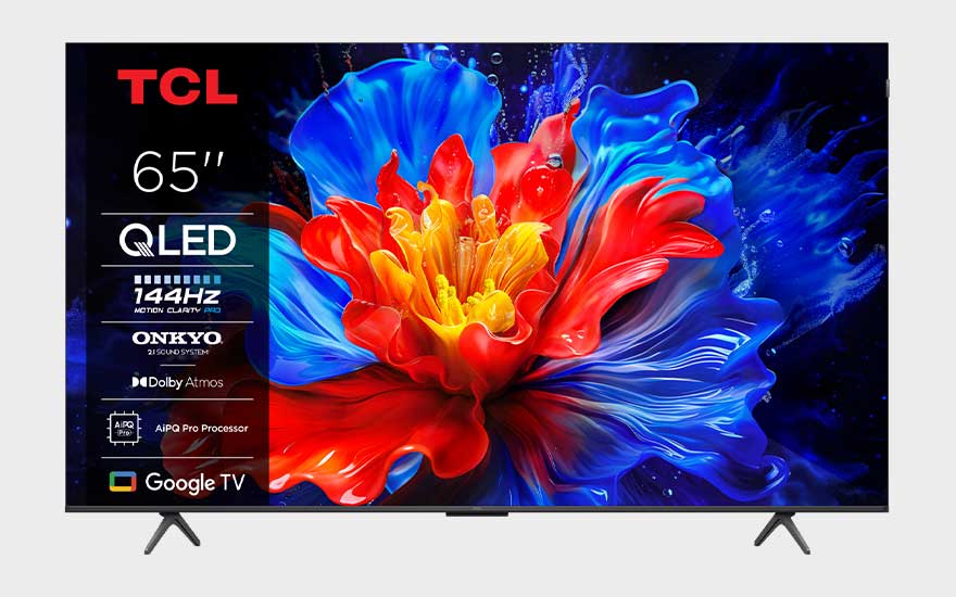 Een TCL QLED-tv toont een felgekleurde bloem en vermeldt 144Hz, Dolby Atmos, Onkyo en Google TV functies.