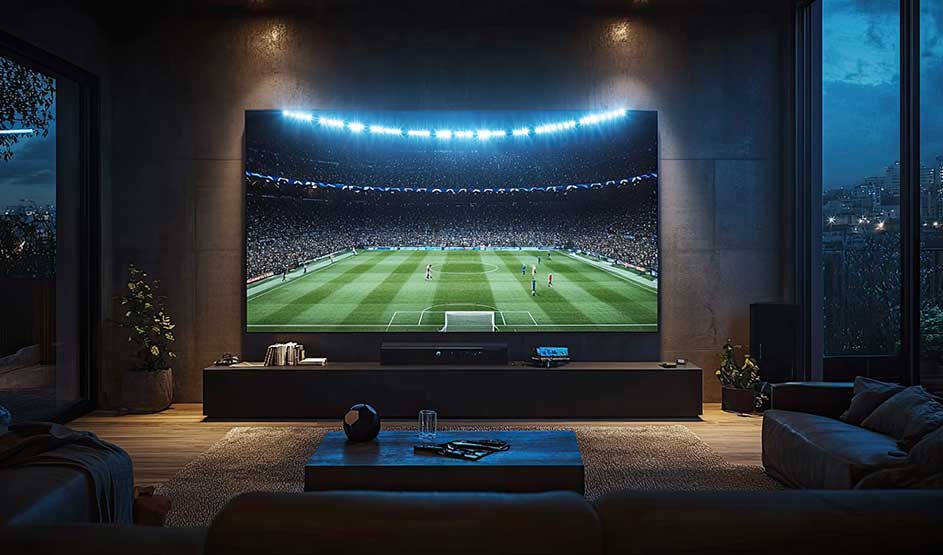 Dans un salon sombre et luxueux, une immense télévision montre un stade de football très éclairé, vu depuis un coin salon bas.