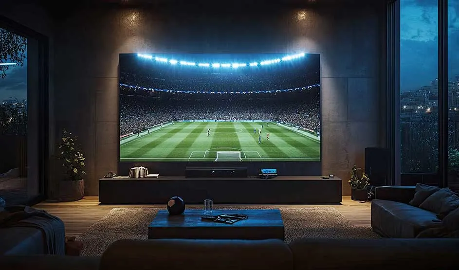 Dans un salon sombre et luxueux, une immense télévision montre un stade de football très éclairé, vu depuis un coin salon bas.