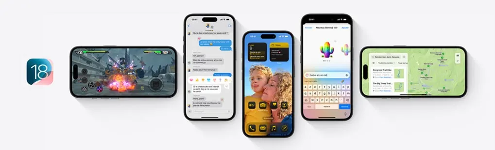 Five Apple iPhones show iOS 18: a game, Messages, a custom home screen, emoji creation, and Maps, all arranged on a clean white background.