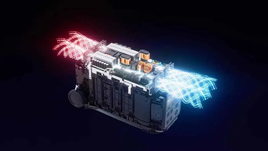 Een grijze generator met rode en blauwe lichtstralen op een donkere achtergrond.