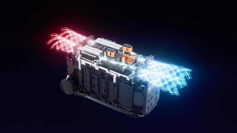 Grey power generator with red and blue light effects on a dark background.