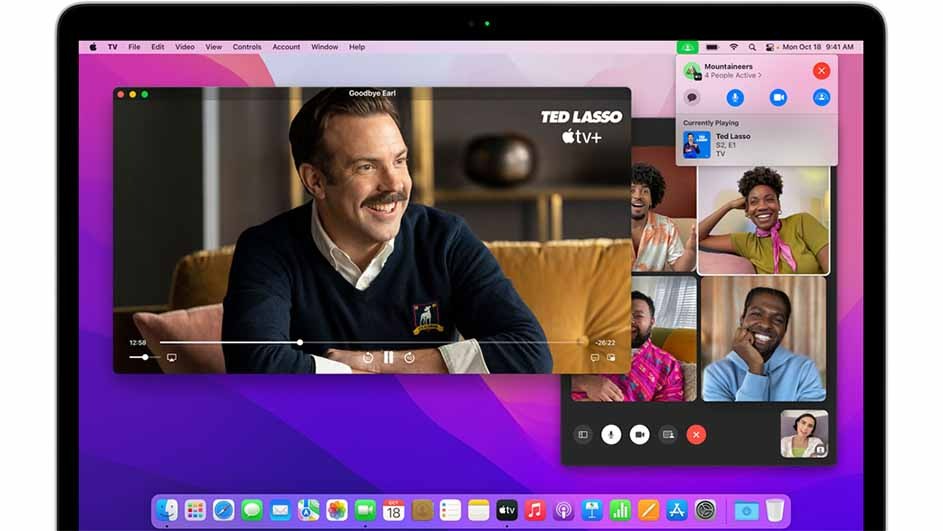 Een paarse laptop toont een scherm met een videoconferentie en een aflevering van Ted Lasso op Apple TV+. De dock bevat diverse apps.