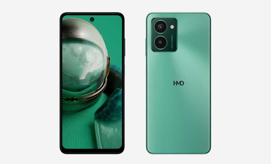 Deux smartphones vert clair sur fond blanc. L'écran de gauche affiche un astronaute. Le téléphone de droite a deux objectifs et le logo "HMD".