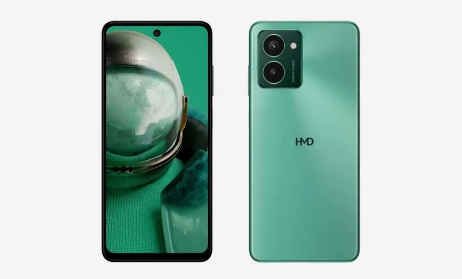 Deux smartphones vert clair sur fond blanc. L'écran de gauche affiche un astronaute. Le téléphone de droite a deux objectifs et le logo "HMD".