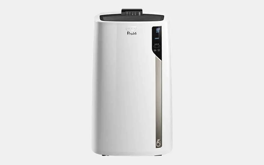 White De’Longhi Pinguino portable air conditioner, modern design with digital display and top air vent.