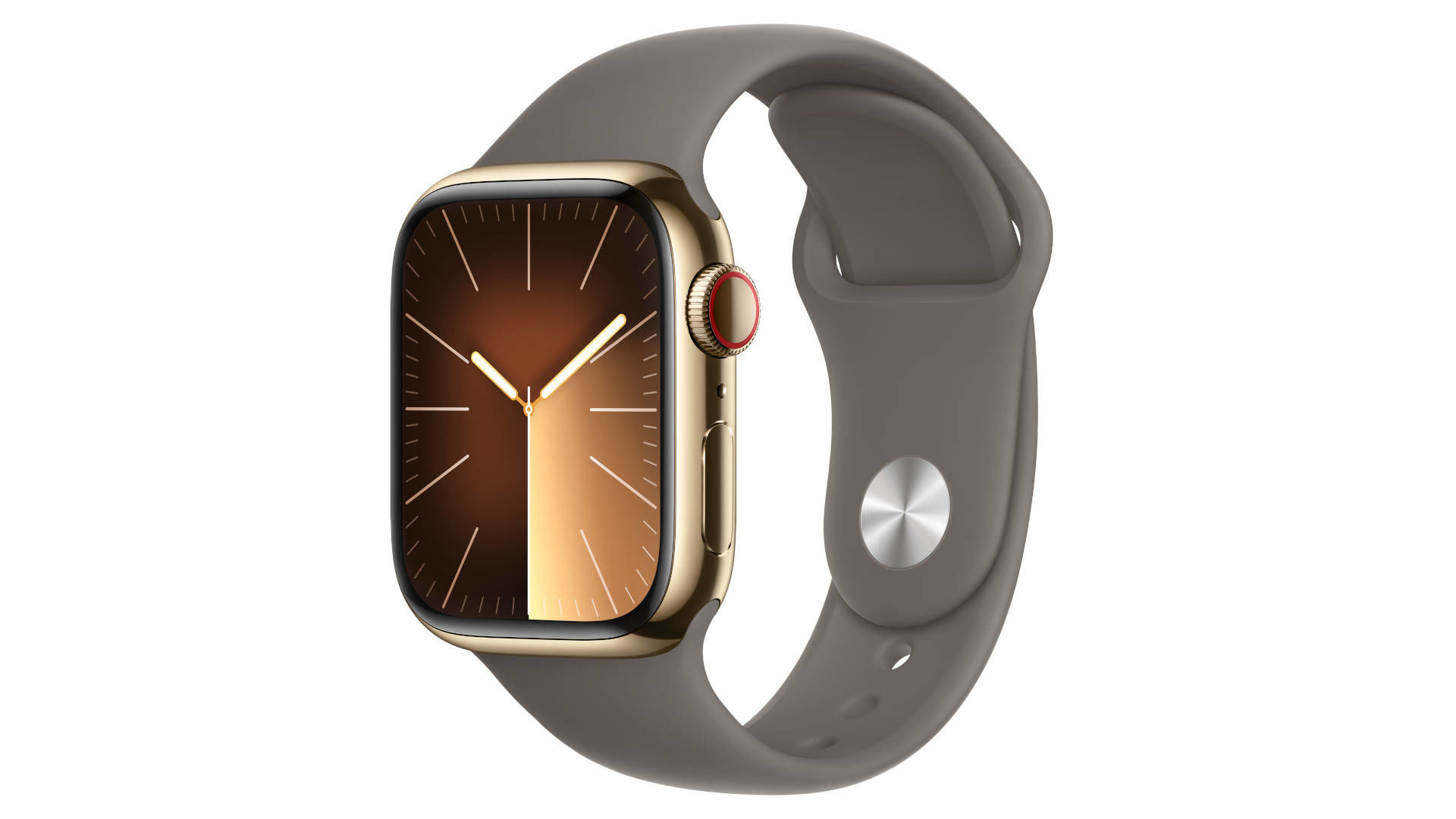 APPLE Watch Series 9 GPS + Cellular Gold Stainless Steel kast, Clay Sport Band