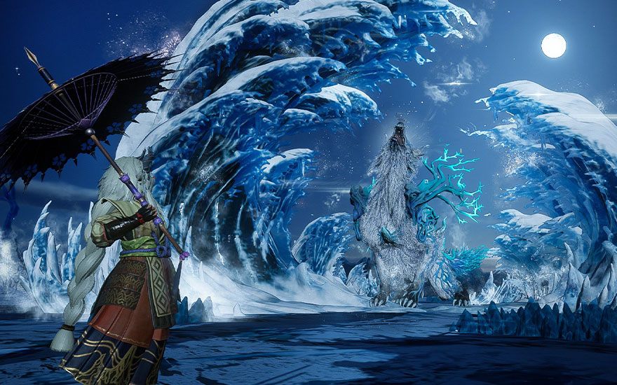 Een krijger met paraplu staat tegenover een gigantische ijsdragon die water spuwt onder een volle maan in een epische nachtelijke confrontatie.