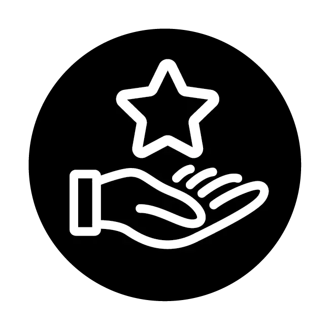 Black circular icon with white hand holding a star. 