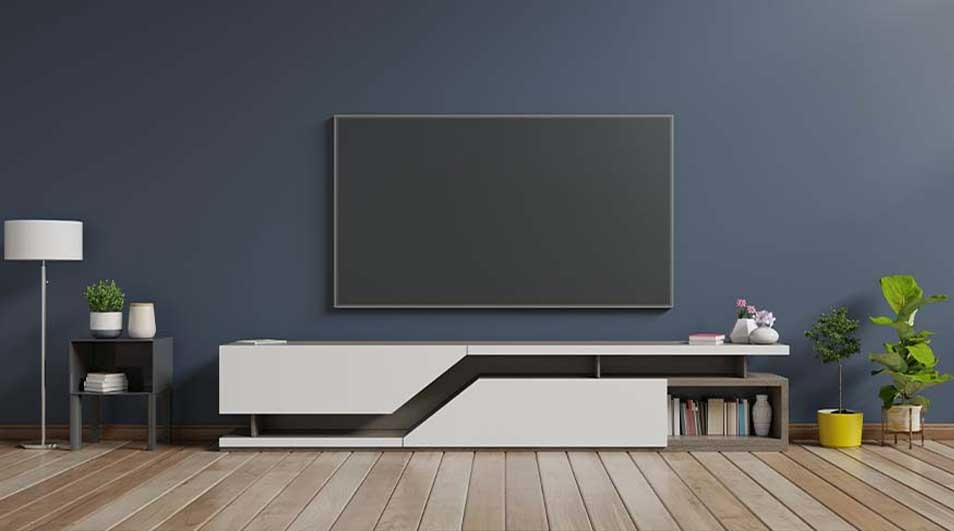 Salon avec mur bleu, parquet clair, TV noire, meuble TV blanc et gris, lampe, étagère et plantes.