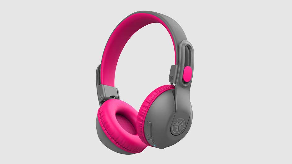 Grijze hoofdtelefoon met roze accenten op een effen achtergrond. De hoofdtelefoon heeft zachte oorkussens.