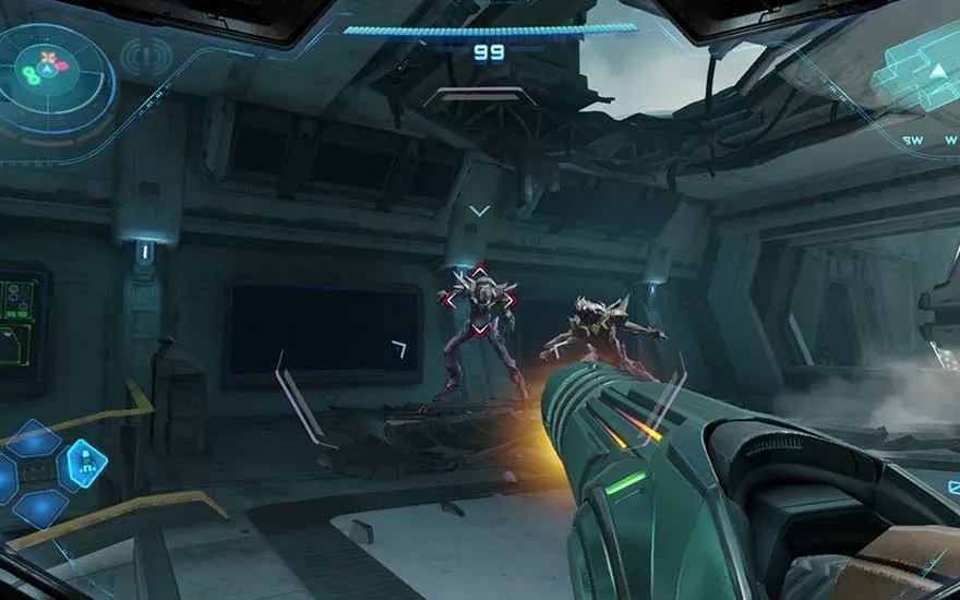 Gevechtsscène vanuit first-person waarbij Samus twee vijandelijke alien krijgers confronteert in een futuristische ruimtestation omgeving.