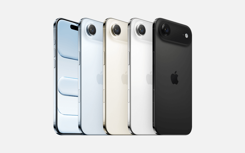 Four smartphones in blue, silver, gold, and black, side by side, showing front and back with a single camera module.