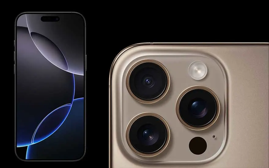 Twee beelden van een luxe smartphone: één van het scherm en één van de driedubbele achtercamera, beide tegen een zwarte achtergrond.