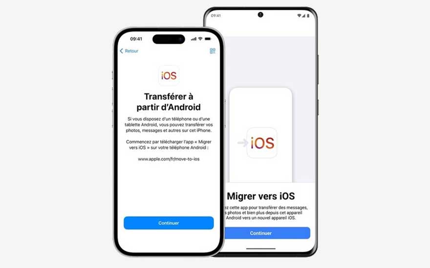Un iPhone et un smartphone Android côte à côte affichent en français les étapes pour transférer photos, messages et données d’Android vers iOS.