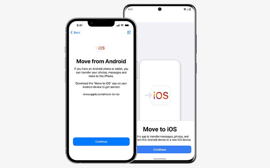 An iPhone and an Android phone stand side by side, showing French screens that describe migrating content from Android to iOS using a dedicated app.