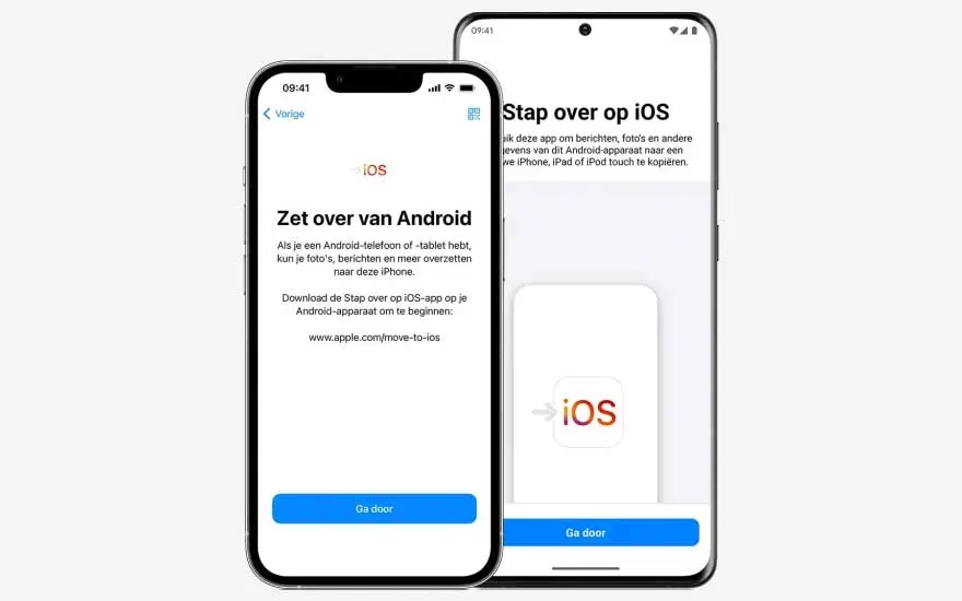 Een iPhone en een Android toestel staan naast elkaar, met Franse schermen die uitleggen hoe je inhoud vanaf Android naar iOS migreert via een speciale app.