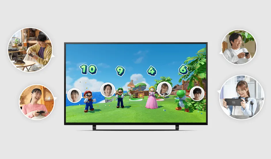 Sur l’écran de télévision, Mario, Luigi, Peach et Yoshi jouent ensemble dans un univers coloré. Autour, des personnes jouent chez elles sur Nintendo Switch. Marque : Nintendo.
