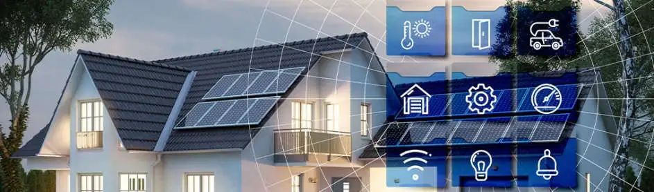 Maison blanche avec panneaux solaires et icônes bleues pour la domotique.