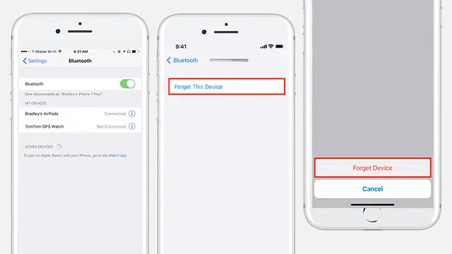 Trois écrans d'iPhone blancs affichent les paramètres Bluetooth et l'option "Oublier cet appareil".