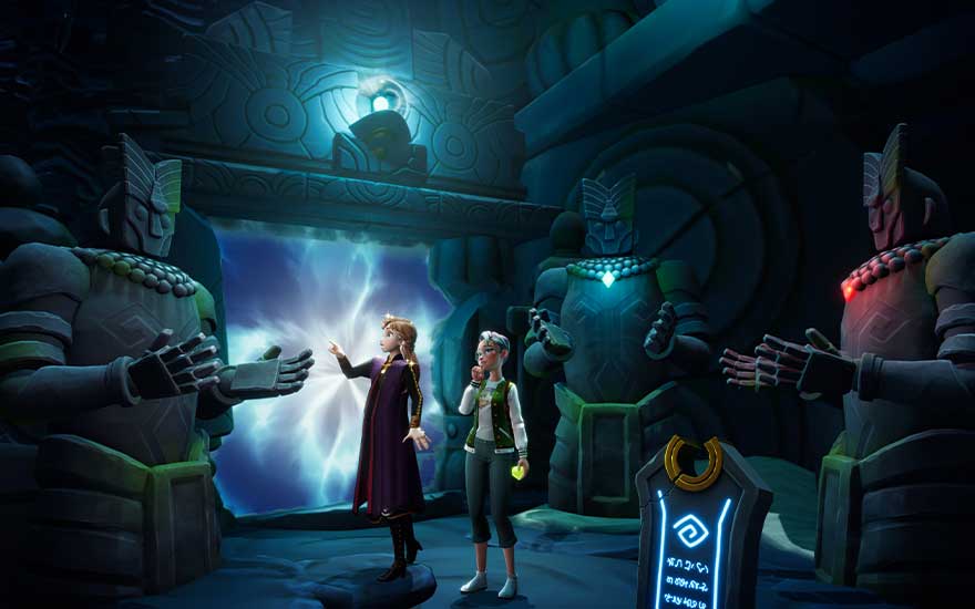 Two adventurers stand in awe before a glowing portal inside an ancient cavern temple, guarded by colossal stone statues with shining gems.