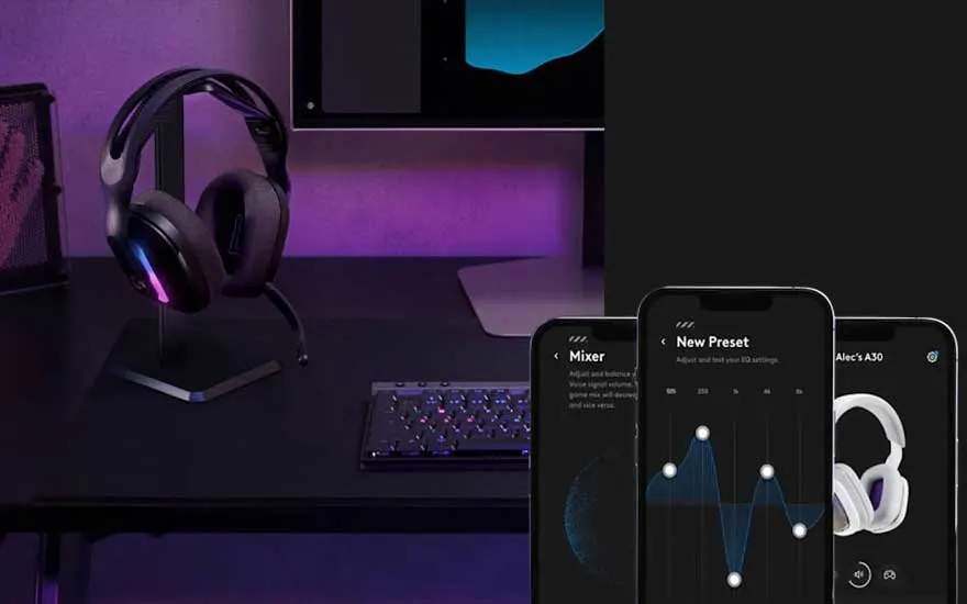 Een gaming headset op standaard naast een toetsenbord, met smartphones die een audio-equalizer app tonen in een paarse gaming-setup.