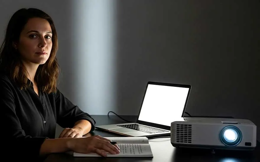 Een vrouw zit aan een donkere tafel met laptop en notities, terwijl een projector fel licht uitstraalt voor werk of presentatie.