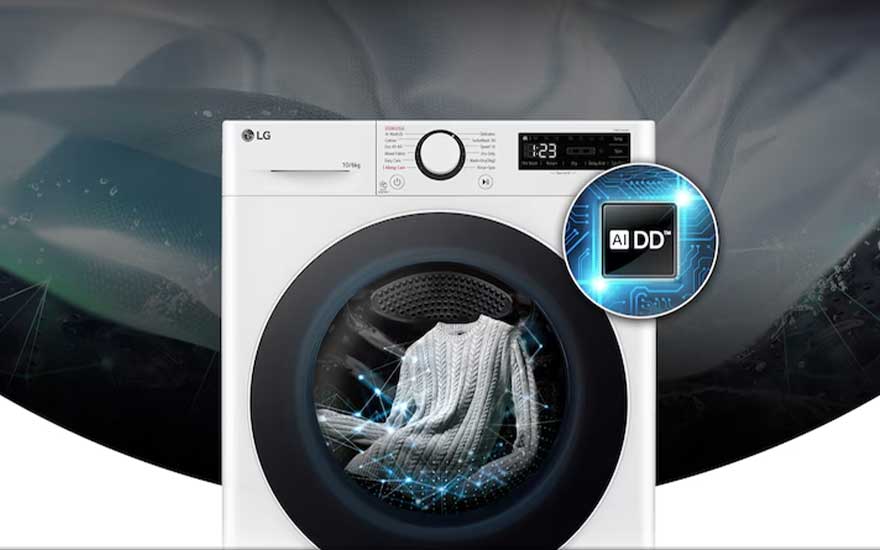 Lave-linge LG avec puce AI DD, montrant un pull dans le tambour, des lignes numériques bleues et des accents technologiques.