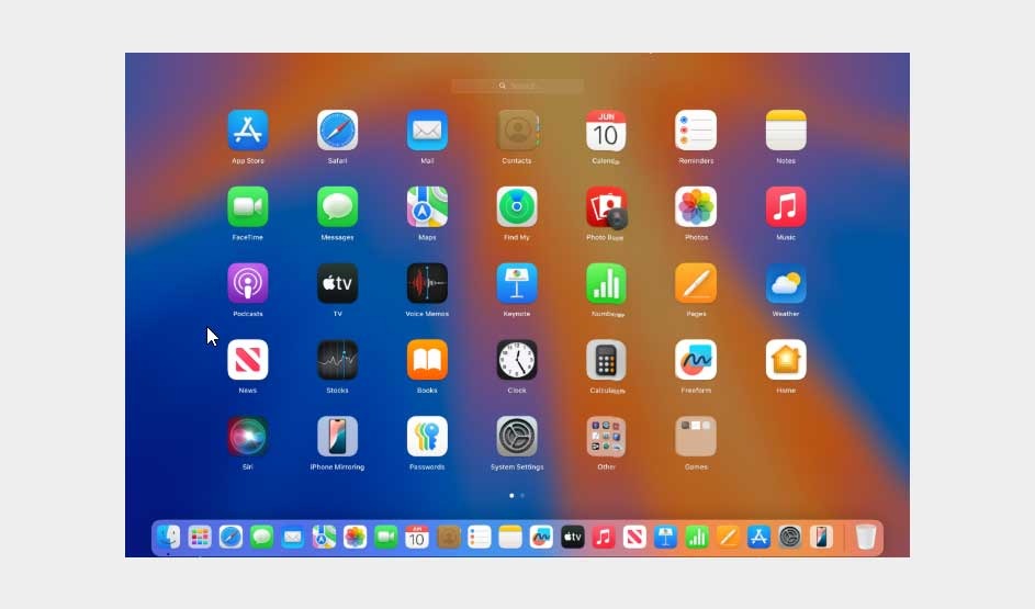 An Apple Mac screen shows Launchpad with colourful app icons like Safari, Mail, Photos, Music, and Settings over a bright gradient background.