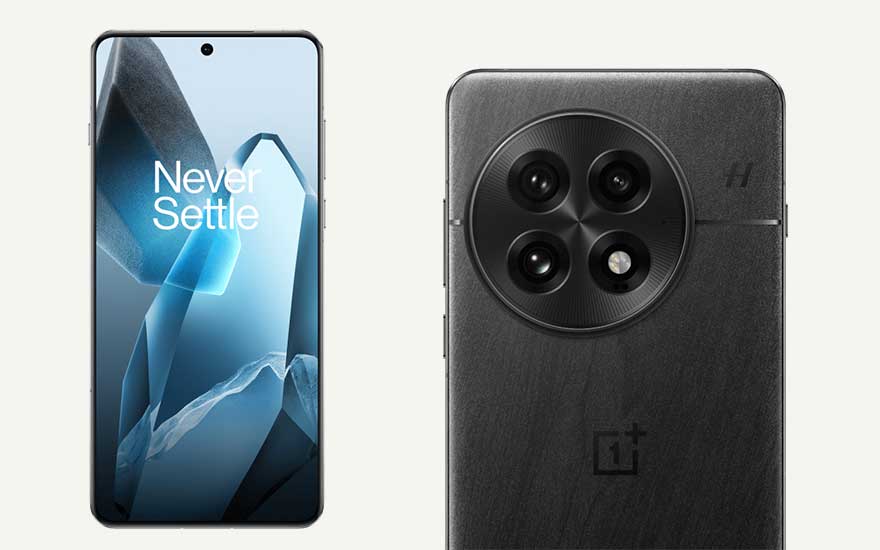 A modern black OnePlus 13 smartphone. The left side shows the screen with "Never Settle", while the right displays a circular triple camera setup.