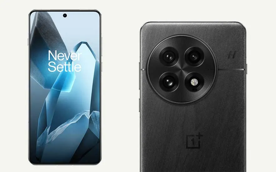 A modern black OnePlus 13 smartphone. The left side shows the screen with "Never Settle", while the right displays a circular triple camera setup.