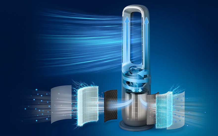 Vue du dessus d’un vaste salon, où un purificateur d’air diffuse de forts flux bleutés autour du canapé d’angle et de la table basse.