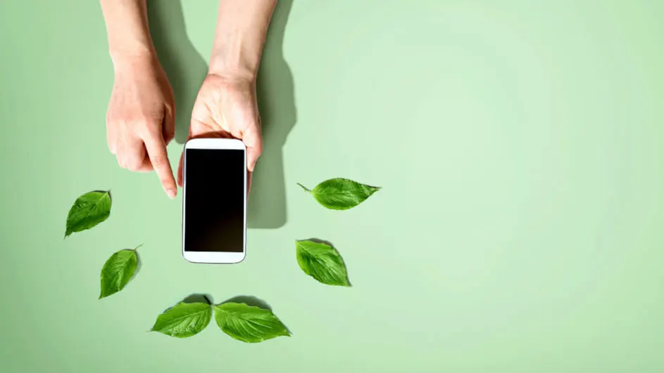 Main tenant un smartphone sur un fond vert clair, entouré de feuilles vertes.