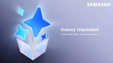Une bannière Samsung “Galaxy Unpacked” du 25 février 2026 à 19h00, avec une boîte d’où jaillissent des étoiles lumineuses.