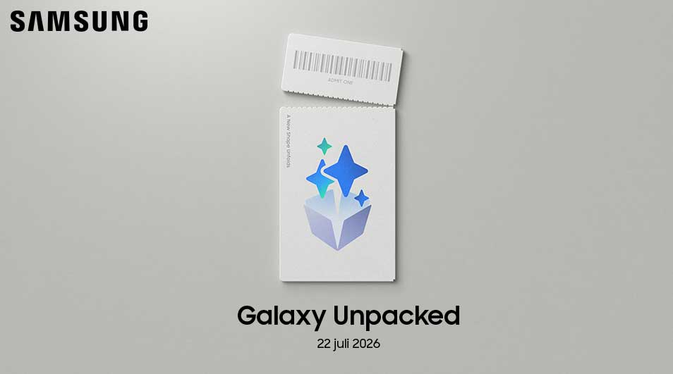Samsung Galaxy Unpacked teaser met witte uitnodiging, streepjescode, sterrenicoon en datum 22 juli 2026 op grijze achtergrond.