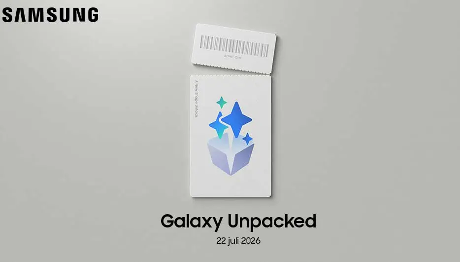 Samsung Galaxy Unpacked teaser met witte uitnodiging, streepjescode, sterrenicoon en datum 22 juli 2026 op grijze achtergrond.