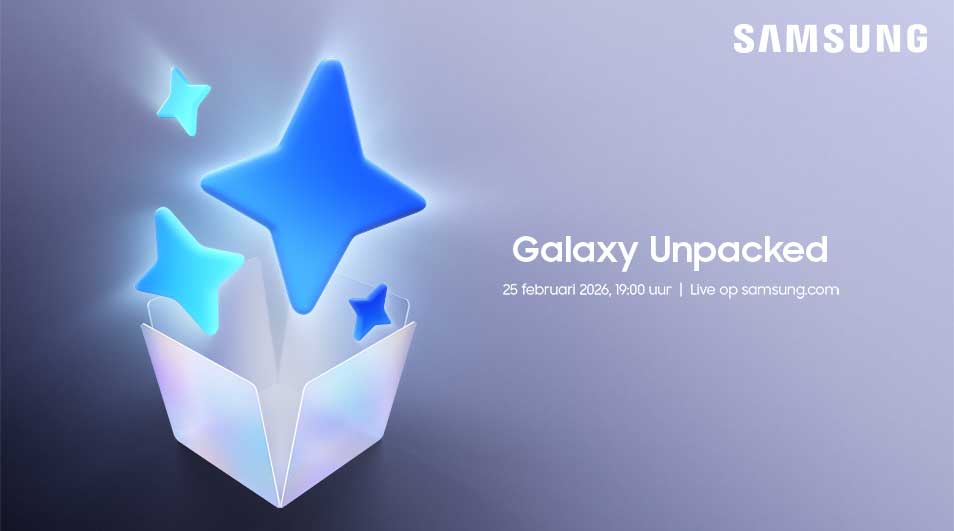 Een Samsung-banner voor “Galaxy Unpacked” op 25 februari 2026 19:00, met een doos waar lichtgevende sterren uit springen.