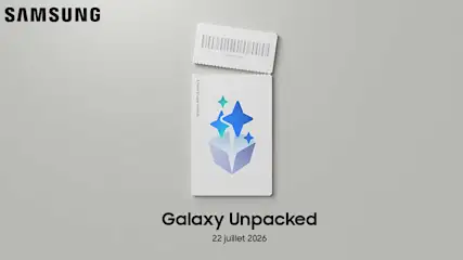 Teaser Samsung Galaxy Unpacked avec carton blanc, code-barres, icône étoilée et date du 22 juillet 2026 sur fond gris.