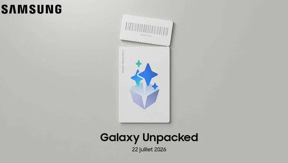 Teaser Samsung Galaxy Unpacked avec carton blanc, code-barres, icône étoilée et date du 22 juillet 2026 sur fond gris.