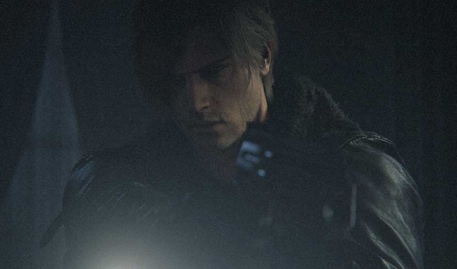 This is a video game. In gray fog, a man in a leather coat with a fur collar looks down as a bright light washes out part of his face.