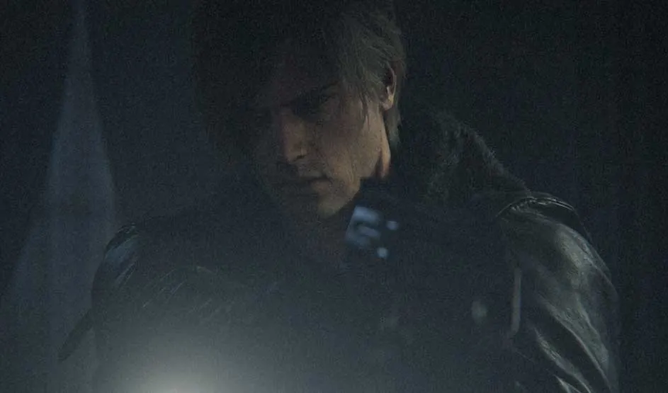 This is a video game. In gray fog, a man in a leather coat with a fur collar looks down as a bright light washes out part of his face.