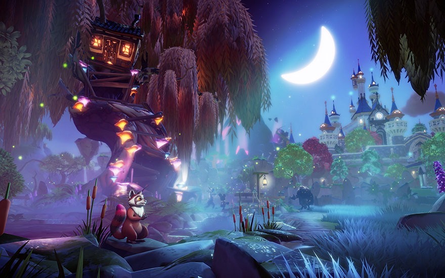 Een nachtelijk landschap met een heldere maan. Een boomhut links en een kasteel op de achtergrond. Blauw en paars domineren het kleurenpalet.