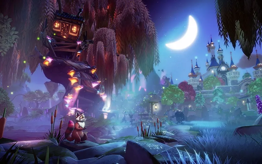 Night scene with a crescent moon. A tree house sits on a large tree. A castle is in the background.