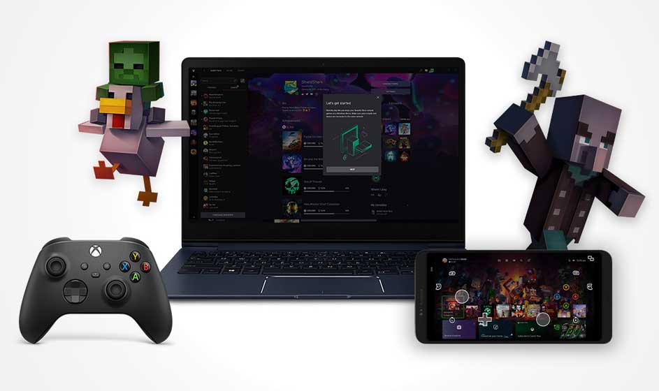 Un ordinateur portable affiche une plateforme de jeu, avec une manette Xbox, un smartphone en jeu et deux personnages Minecraft autour.