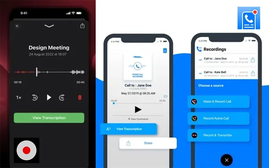 Trois écrans d'application mobile affichent des interfaces d'enregistrement et de transcription d'appels en noir, blanc et bleu.