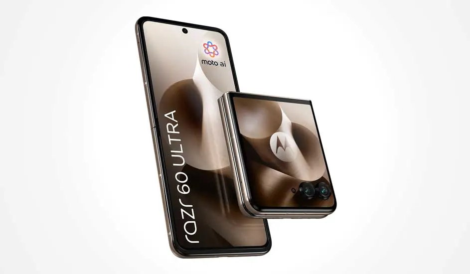 Deux smartphones Motorola Razr 60 Ultra, un ouvert avec un grand écran, l’autre replié, tous deux au design moderne.