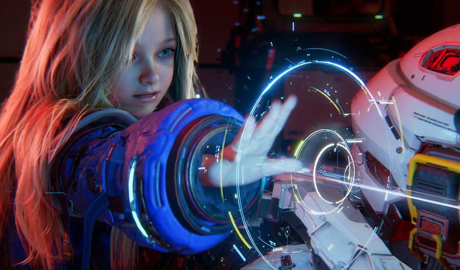 Une fille aux longs cheveux blonds et bras futuriste touche un anneau holographique lumineux près d’un grand robot blanc.