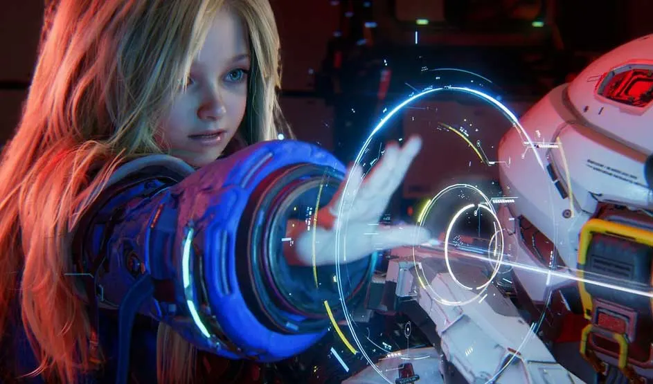 Een meisje met lange blonde haren en futuristische arm raakt een holografische cirkel aan naast een grote witte robot.